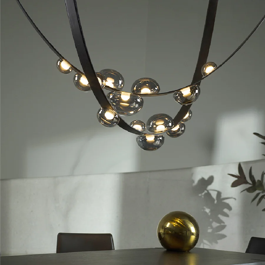 

Postmodern Handmade Leather Pendant Lights Glass Lampshade Black Main Light Living Hall Restaurant Exhibition Hall Hanging Lamp