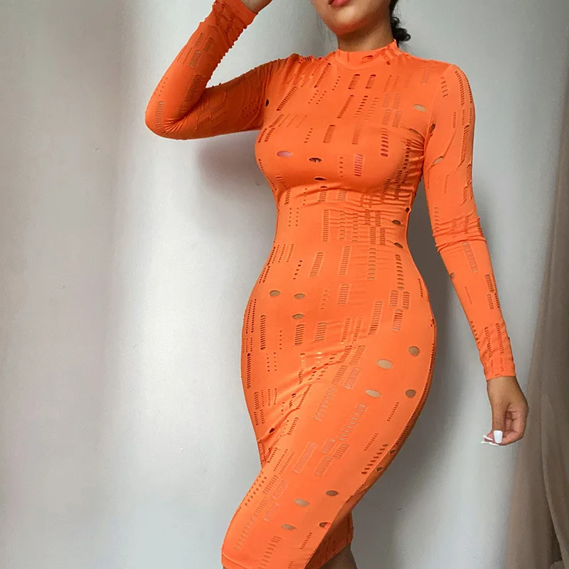 

Women Autumn Long Sleeve Hollow Out Solid Color Bodycon Midi Dress 2021 Fall Female Clothing Streetwear Sexyo Range Dress