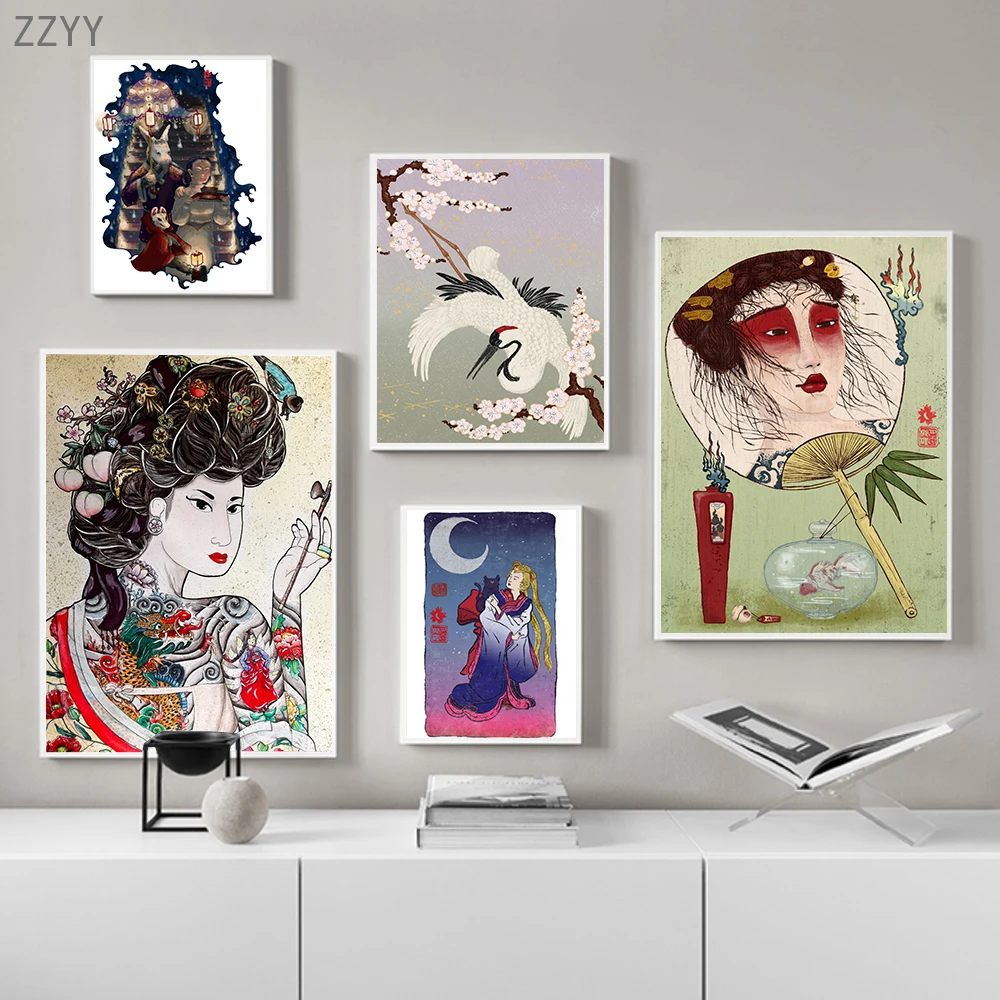 Плакаты с японским журавлем гейши, винтажные художественные настенные картины Wisp, традиционная Картина на холсте, декоративные картины для выставок и комнат Плакаты с японским журавлем гейши, винтажные художественные настенные картины Wisp, традиционная Картина на холсте, декоративные картины для выставок и комнат