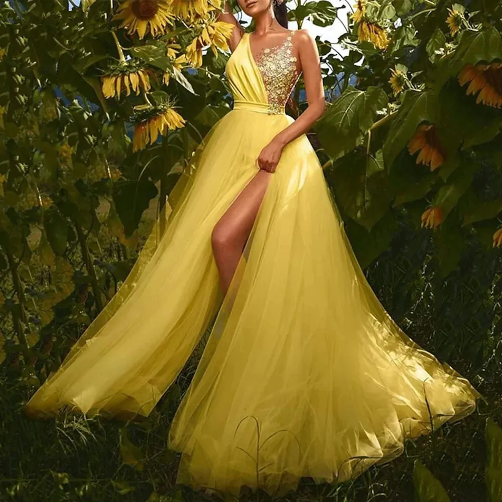

Желтые элегантные вечерние платья без рукавов с V-образным вырезом, платье для выпускного вечера из фатина с цветочной аппликацией и Боковым Разрезом, трапециевидного силуэта, 2023