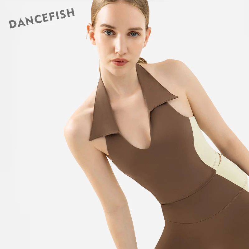 

DANCEFISH Спортивная одежда для женщин с глубоким V-образным вырезом и воротником с лацканами, повседневный Уникальный Топ, контрастный цвет, вн...