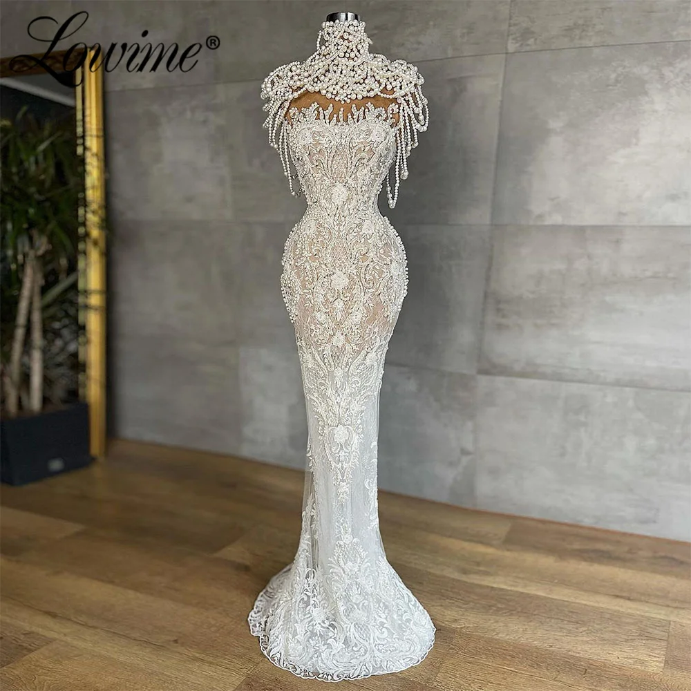 

Lowime Pearls Mermaid Lace Evening Dresses With Cape Elegant Wedding Party Dress Long Arabic Dubai Design Prom Gowns Couture