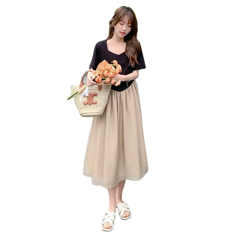 

Летние платья для беременных с коротким рукавом и V-образным вырезом, хлопковое лоскутное платье-трапеция, офисное элегантное платье, одежда для беременных женщин 2022