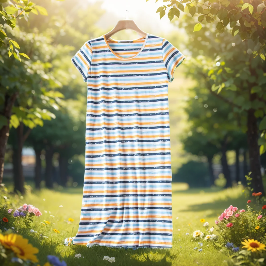 

Summer Casual Cartoon Nightdress For Women - Elastic Women's 100% Cotton O-Neck Short Sleeve Nightwear Fashion Stripe Nightgown