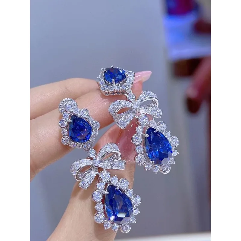 Новинка серьги-кольца Ruihe в форме банта 925 цвет Королевского синего 5 А