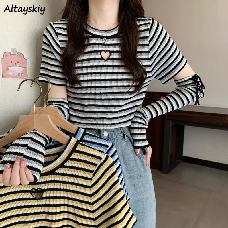 

Полосатые футболки Y2k, новый дизайн, винтажные Стильные укороченные топы для девушек в стиле Instagram, Летние повседневные универсальные ажурн...