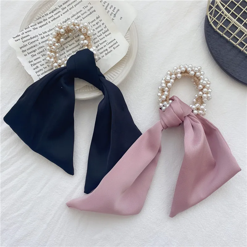 

Романтические резинки для волос с жемчугом и бантом для женщин, милая однотонная лента с цветочным принтом, эластичные резинки для волос, хв...