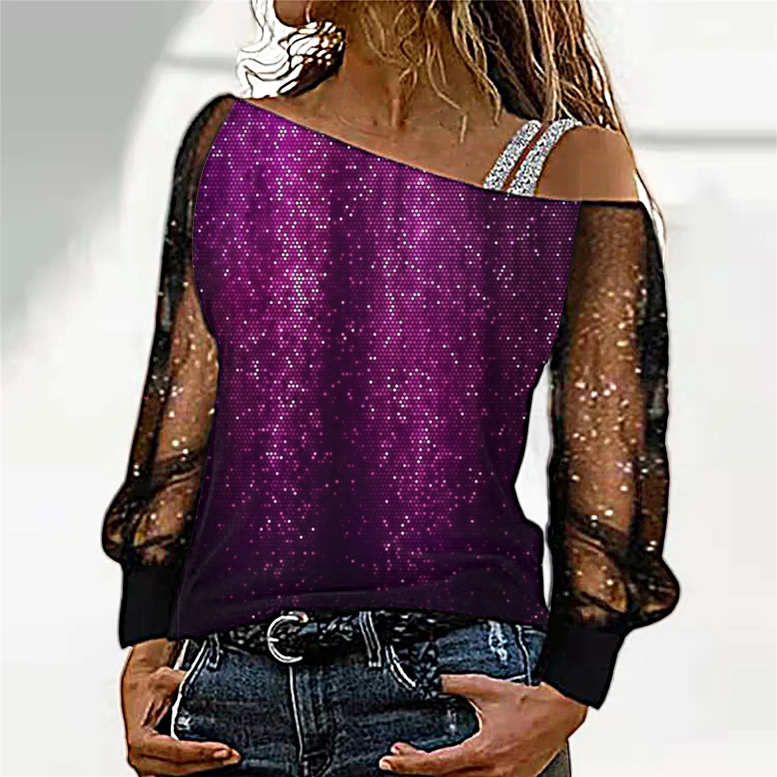 

Women Top Blouse Sequin Print Mesh Long Sleeve Cold Shoulder Shirt Loose Splice Sexy Guard Sleeve Loose Tunic Tops for Women