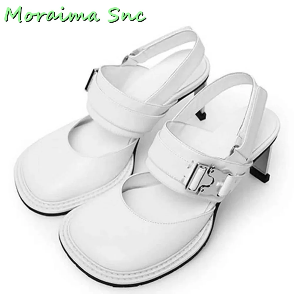 Fashion Round Toe Shallow Pumps Ankle Buckle Strap Metal Heel Leather Women Shoes Spring Summer 2023 White Solid Casual Newest