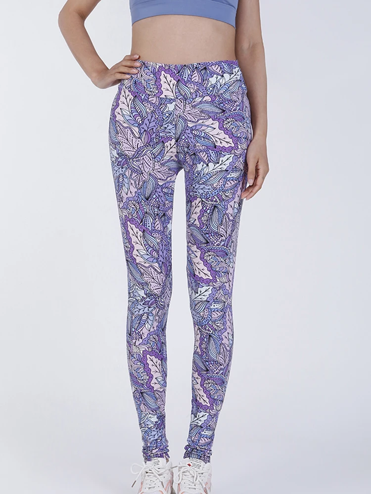 

YSDNCHI Print Leggings Women High Waist Tight Push Up Yoga Pants Super Elastic Gym Workout New Purple Pink Leaf Fitness Trousers