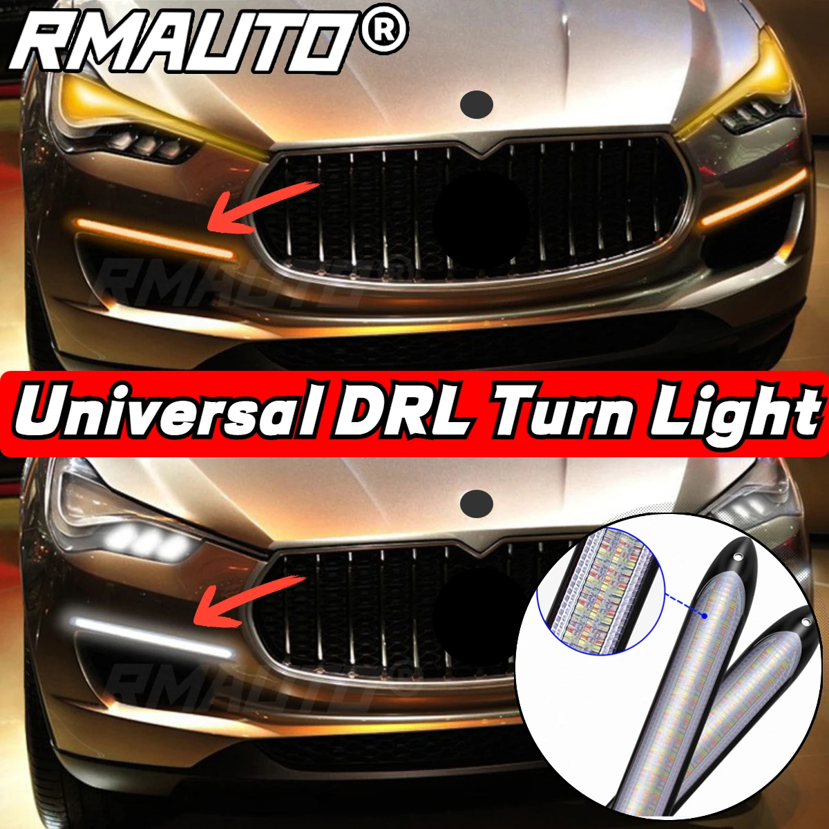 

RMAUTO 2Pcs Flexible DRL LED Strip Car Daytime Running Light Auto Headlights Waterproof White 12V Turn Signal Yellow Flow Lamps