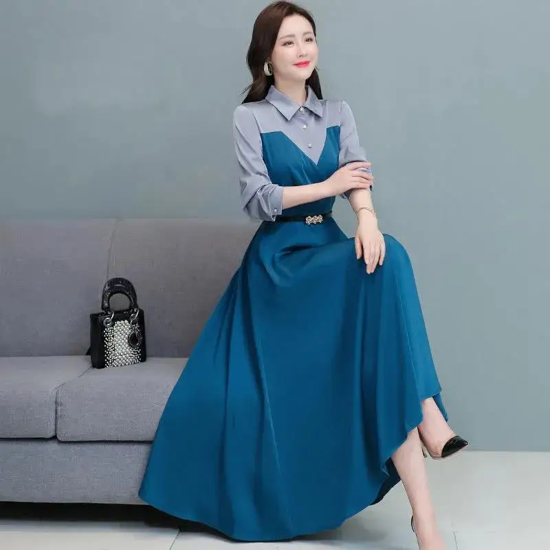 Casual Long Sleeve Bandage Long Shirt Dress for Women 2023 Autumn Solid Color Spliced Woman Dresses Clothes Femme Robe T559