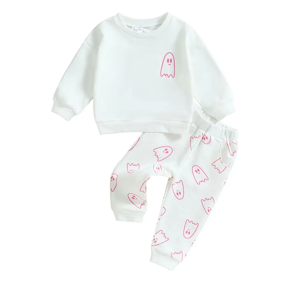 

2023 Autumn Toddler Girls Boys Fall Outfits Ghost Print Crew Neck Long Sleeve Sweatshirts Long Pants Halloween Outfit 0-3Years