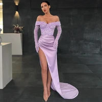 sevintage purple high side split satin mermaid evening dresses sequined off shoulder long sleeves dubai women formal prom gown