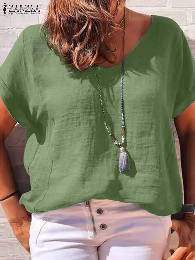 

Vintage Summer Short Sleeve Blouse Fashion 2023 ZANZEA Women Solid V Neck Loose Tops Work Beach Blusas Mujer Casual Cotton Shirt