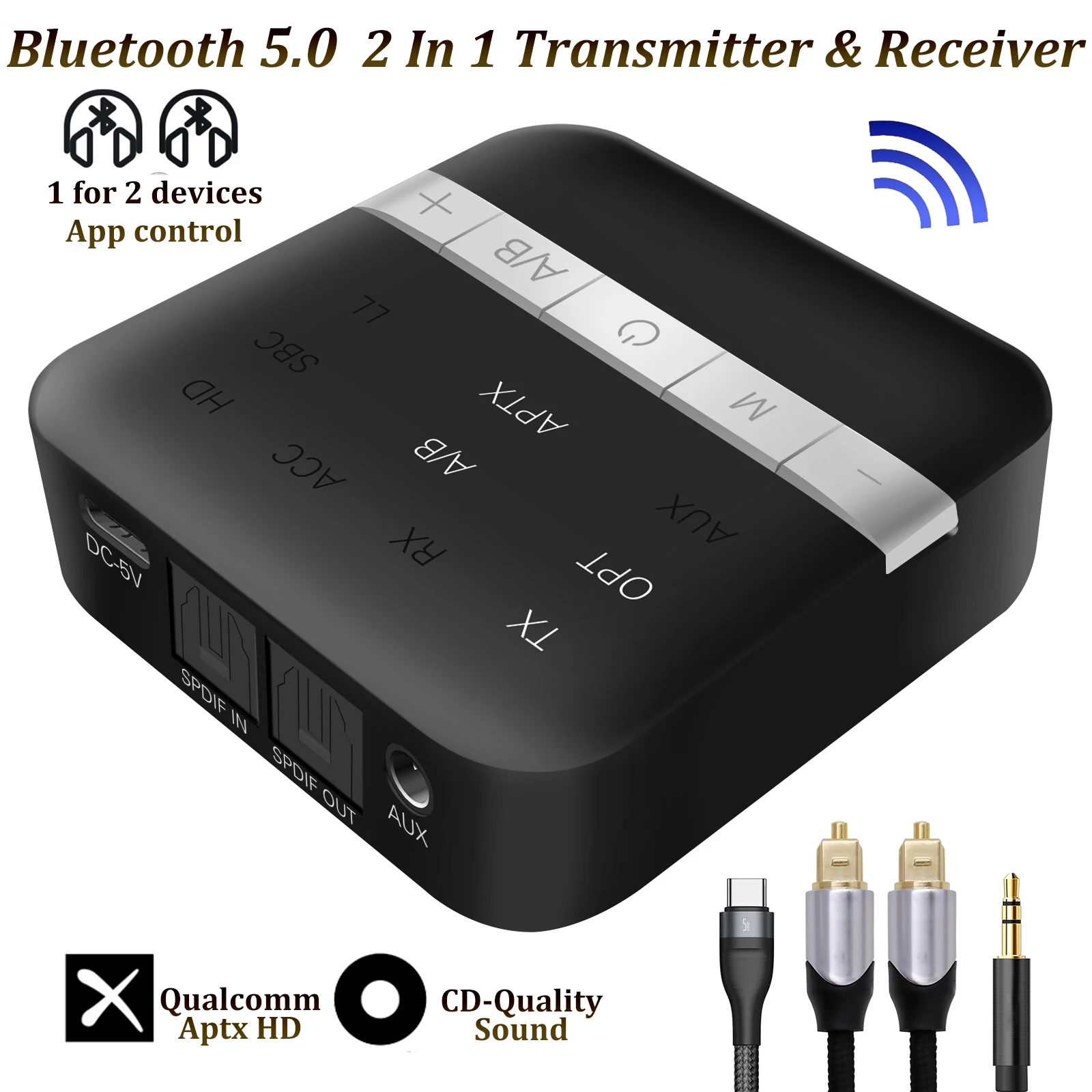 

Bluetooth 5.0 Audio Transmitter Receiver Aptx HD LL Low Latency App Control Wireless Adapter RCA SPDIF 3.5mm Aux Jack for TV PC