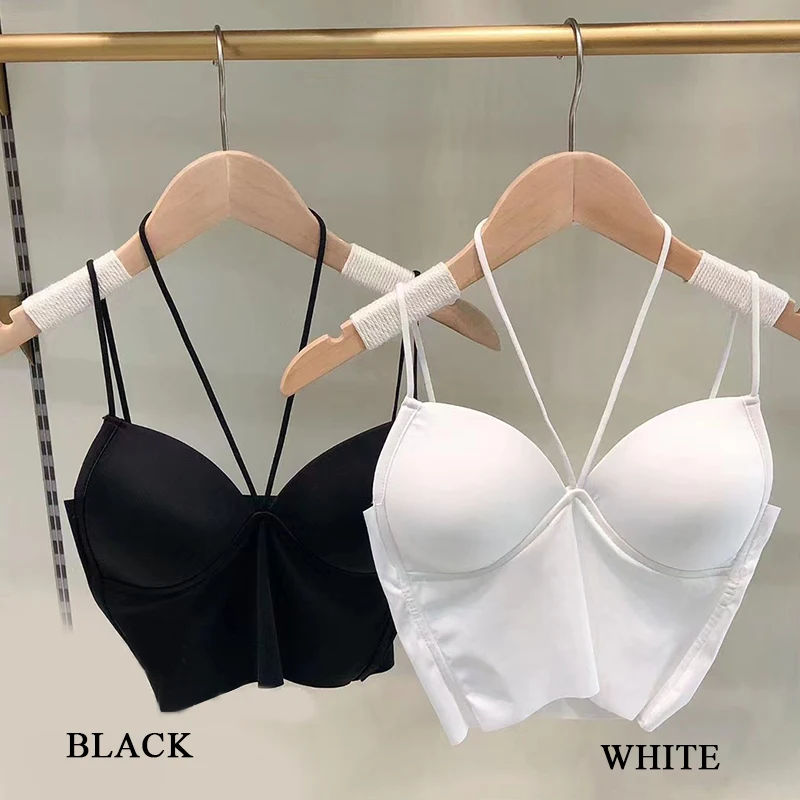 

Women Sexy Cropped Strap Tank Tops Summer Deep V Neck Sleeveless Slim Camis Padded Bralette Underwear Triangle Cup Bra Tank Tops