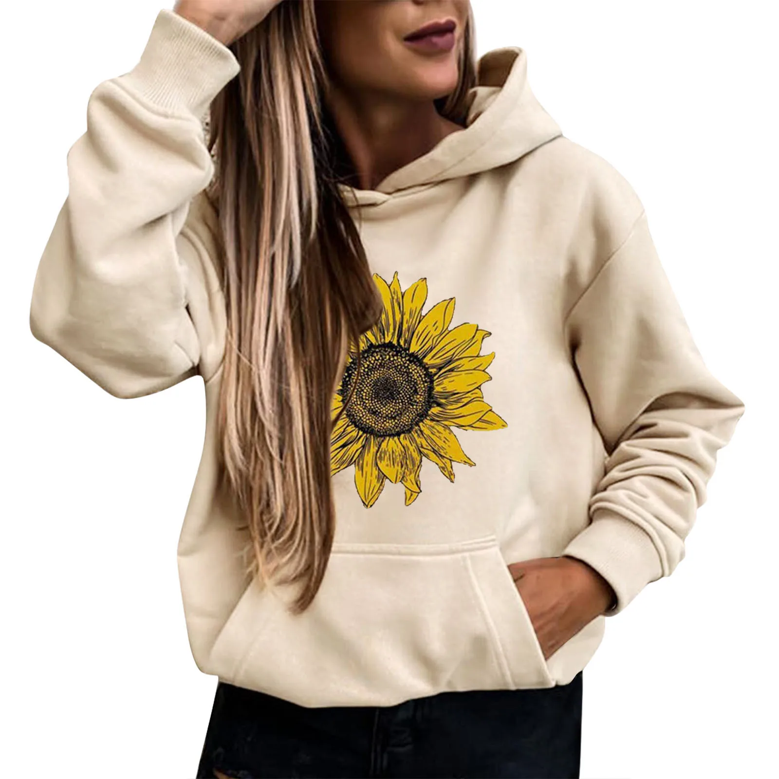 

Новинка 2022, толстовки с капюшоном и принтом подсолнухов, женские весенние свободные пуловеры с длинным рукавом и капюшоном в ленивом стиле, ...