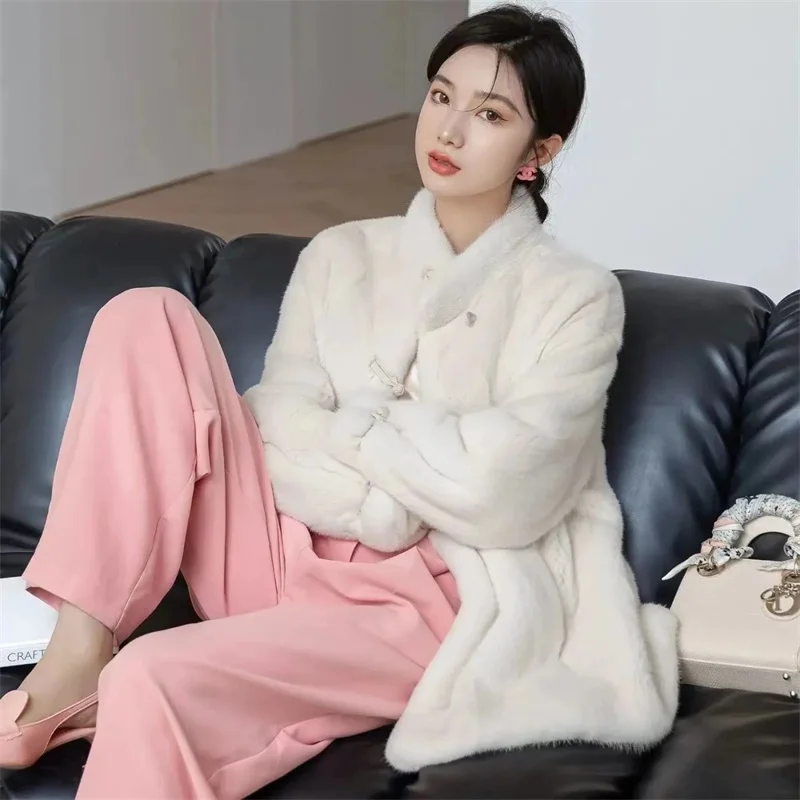 Женское меховое пальто на осень и зиму новое средней длины с воротником-стойкой