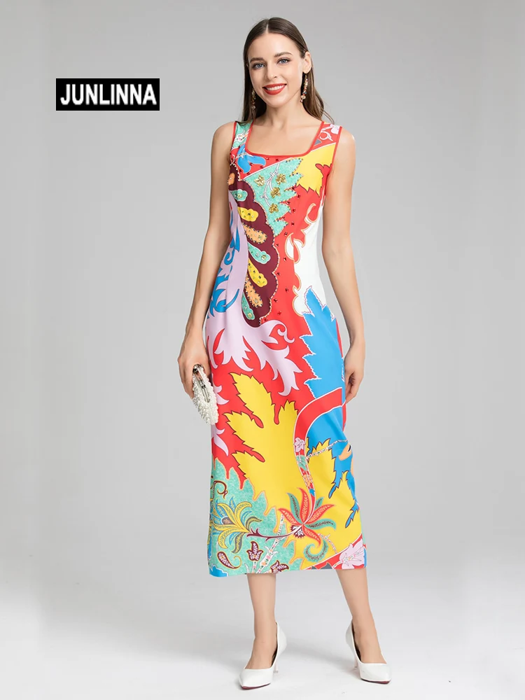 

JUNLINNA Runway Fashion Pencil Dress Summer New Elegant Women Printed and Rhinestone Beading Midi Vestidos Square Collar Slim