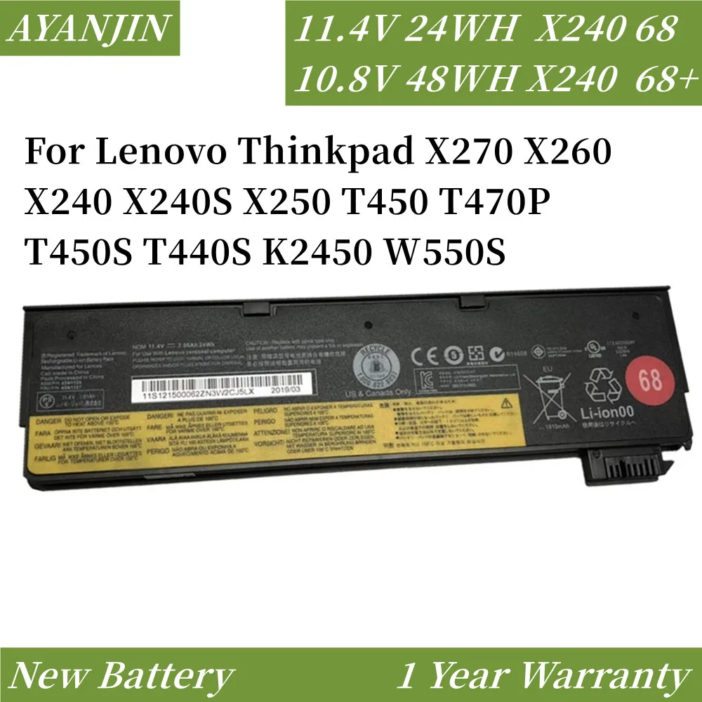 24WH 48WH Laptop Battery for Lenovo Thinkpad X270 X260 X240 X240S X250 T450 T470P T440S K2450 W550S 45N1136 45N1738