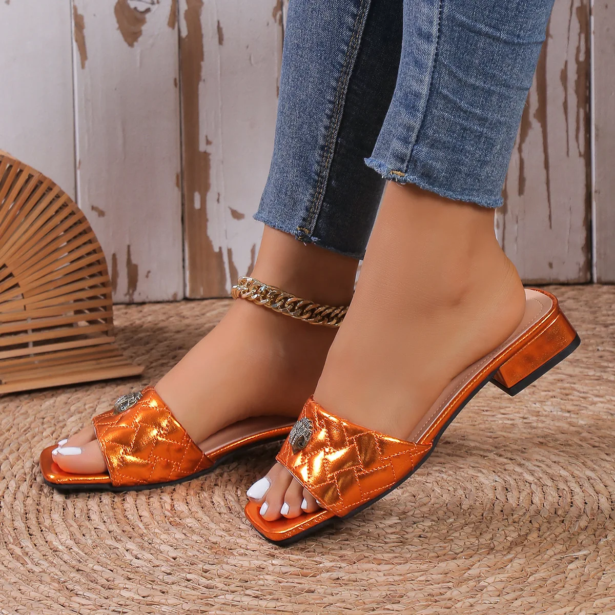 

New Summer Slippers, Metal Eagle Head, Thick Heel, Large Size, One Line Slippers for Women