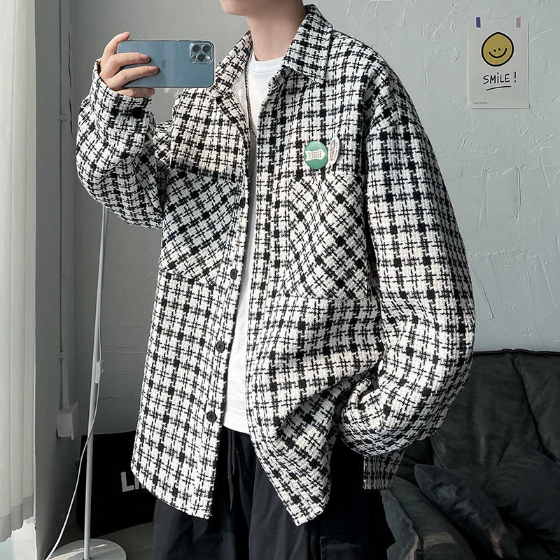 Куртка мужская шерстяная в клетку с отложным воротником |
