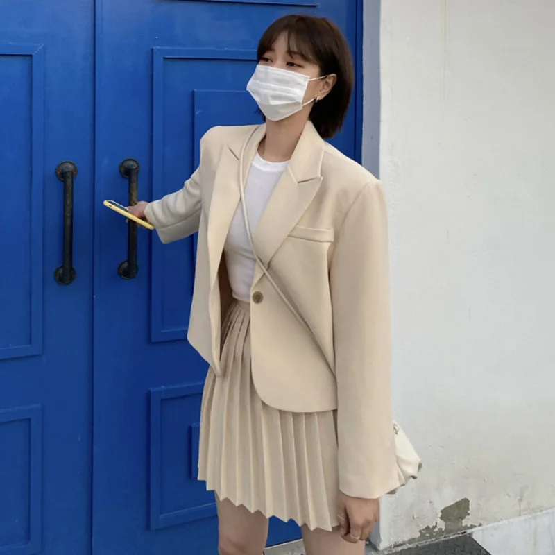 Ladies Temperament High-waist Pleated Skirt Short Skirt Two-piece Suit Solid Color Loose Long-sleeved Suit Jacket Skirt Suit