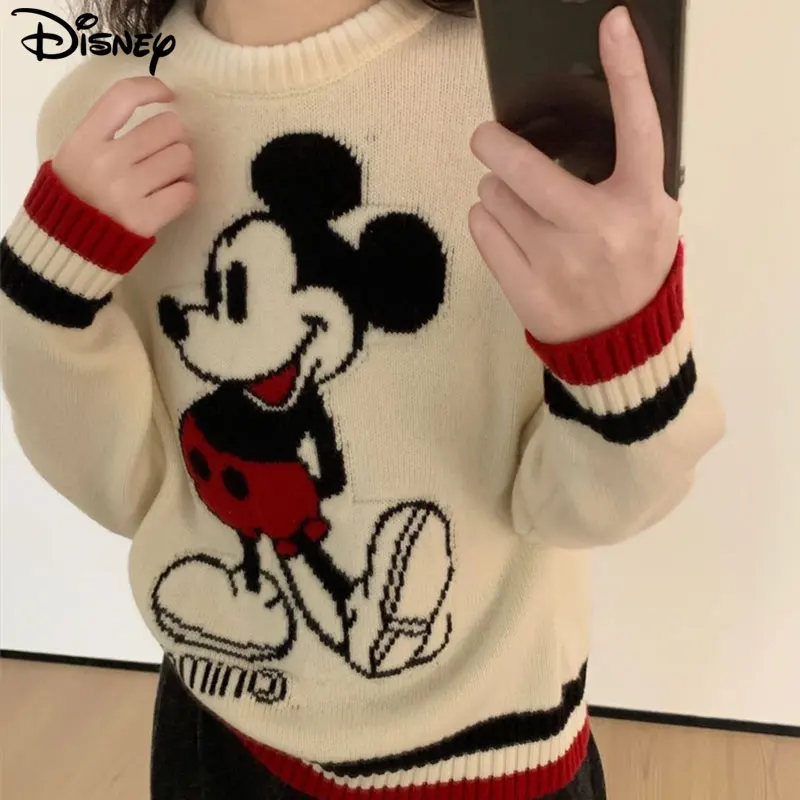 Фото Новое поступление от Disney: модные повседневные хлопковые свитера в полоску с Микки Маусом, осенне-зимние толстые плюшевые свитера с круглым вырезом №1