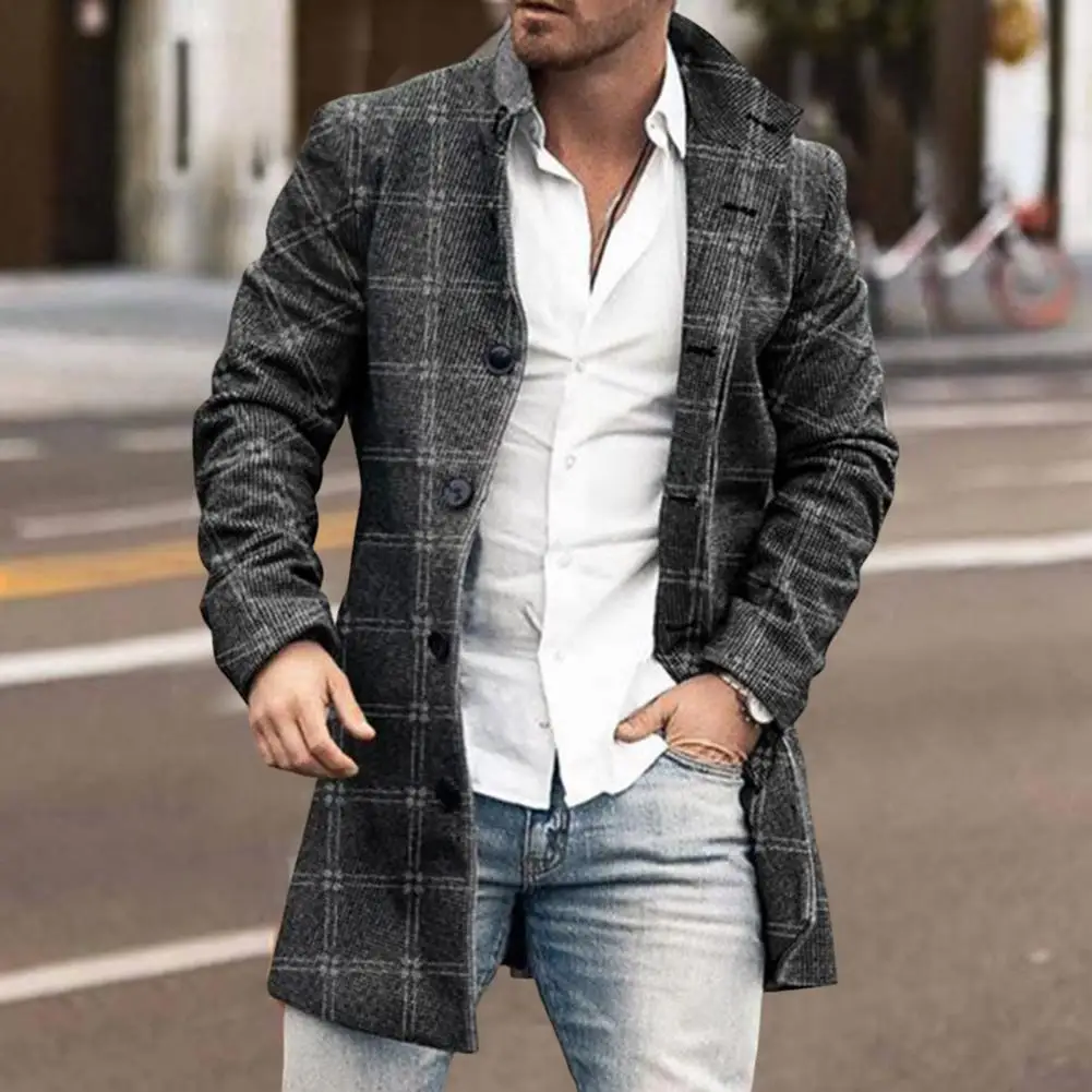 

Long Overcoat Stylish Mid-length Plaid Coldproof Pockets Jacket for Daily Wear Trench Coat Men Jacket