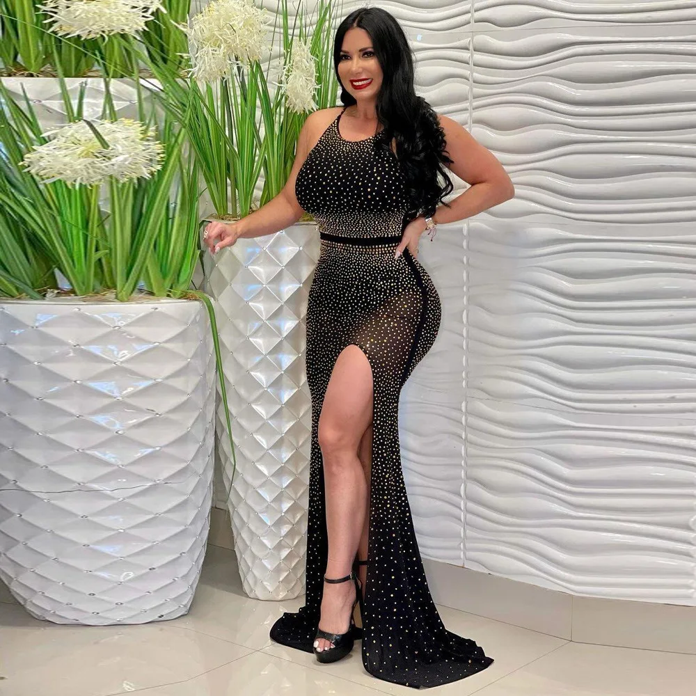 

Sexy Halter Spaghetti Straps Split Sparkles Diamonds Bodycon Evening Prom Dresses High-End Luxury Floor-Lenght Cocktail Vestidos