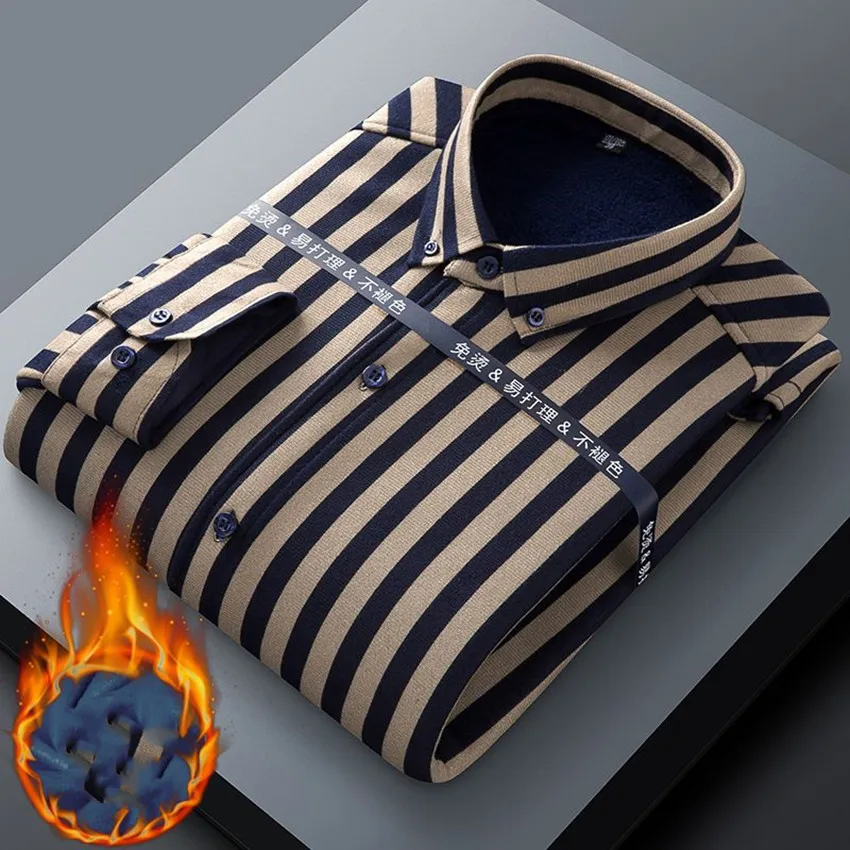 Warm and Fashionable Shirt in Autumn and Winter Men's Business Casual Velvet Thickened Shirt Middle Aged Large Plaid Men's Shirt