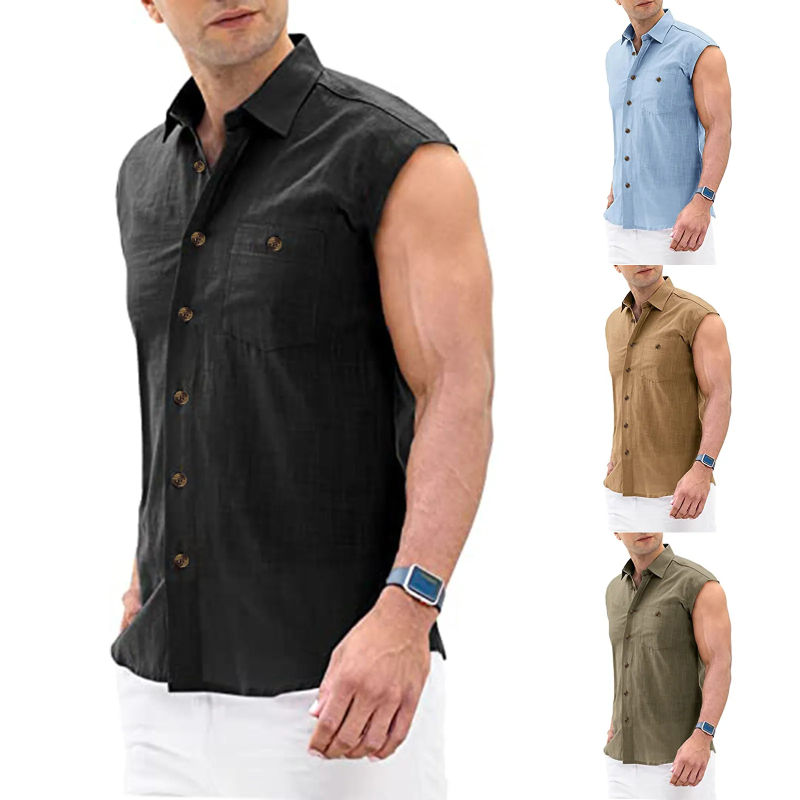 

2023 Cotton Linen Men's Shirt Sleeveless Fashion Man Blouses linen Top Male Shirts Blouse Basic hombres Tops Beach Men Clothing