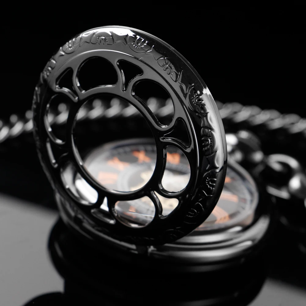 New Black Sculpture Pocket Watch Mechanical Men's Handwind Steam Punk Necklace Fob Watch Chain Roman Digital Clock Women's Men