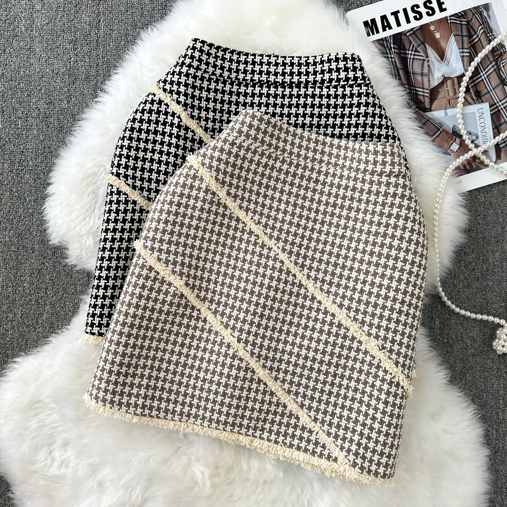 

Женская клетчатая юбка Xiaoxiangfeng в стиле ретро, Корейская версия шерстяной приталенной юбки на осень и зиму с высокой талией