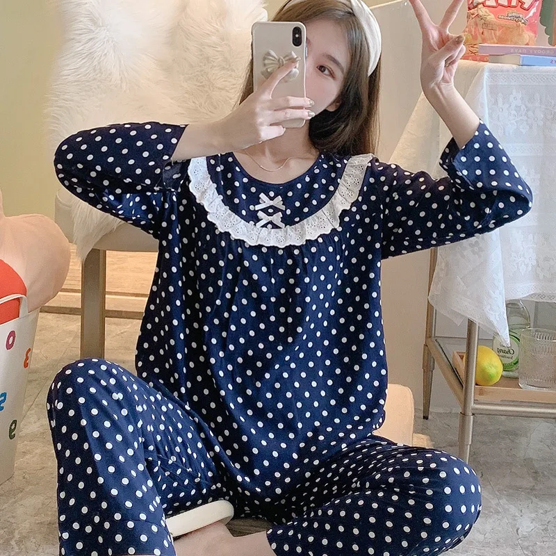 Pajamas Female Spring And Autumn Thin Month Wonen Lounge Nightdress Set  Sleepwear Cotton Silk  Pajama Lace Maiden