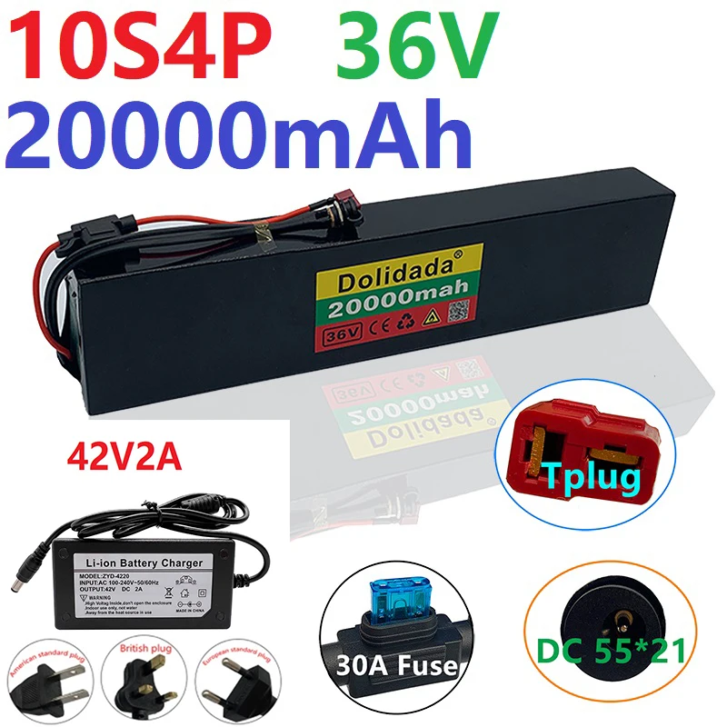 10S4P 36V 20Ah 18650 DC55 * 21 30A предохранитель перезаряжаемый литиевый аккумулятор зарядное устройство пользовательский Разъем Smart BMS скутер, мотоцикл, игрушечный автомобиль