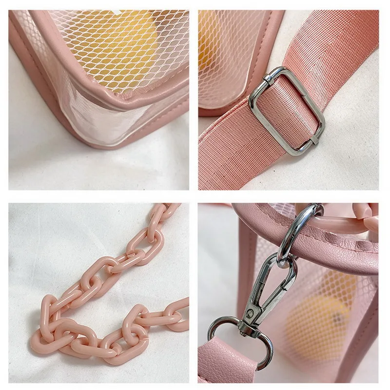 FUNMARDI Summer Mesh Transparent Bags For Women 2023 Beach Jelly Bag Letter Shoulder Messenger Bag Chain Handle Handbag WLHB3324