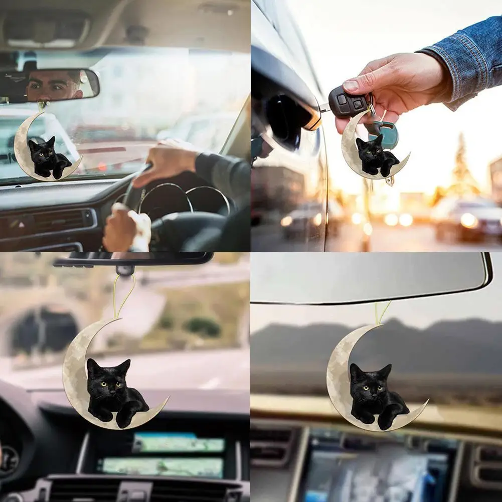 1 шт. милый маленький черный кот лежащий на луне подвесной мультяшный кулон