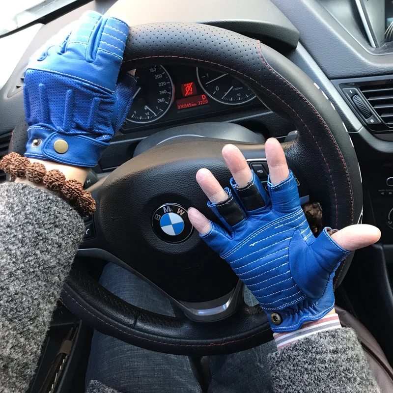 Men Lambskin Gloves For Driving Cycling Motorcycles Male Half Finger Soft Genuine Leather Lined Military Guantes Blue Gym Luvas