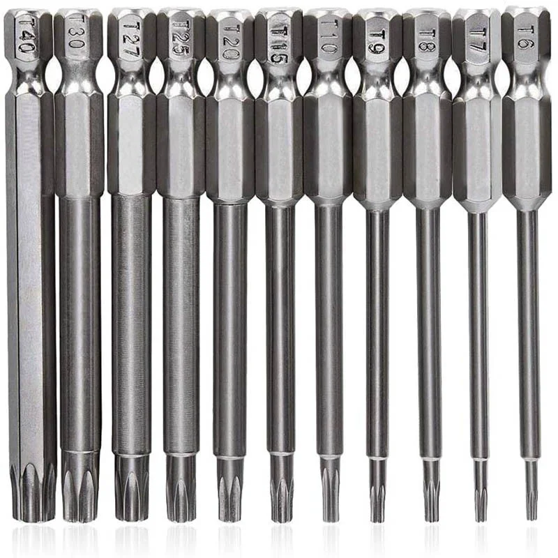 

11 Piece Bit Driver Set with Holes T6 T8 T9 T10 T15 T20 T25 T27 T30 T35 T40 1/4" Hex Handle 75mm / 3" Long