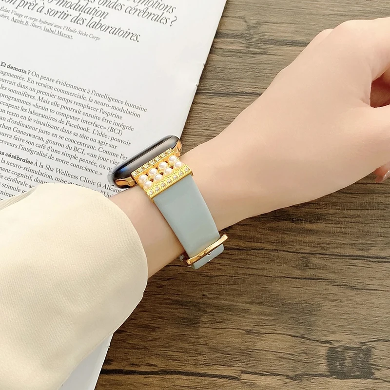Leather Pearl Strap For Apple watch band 7 45mm 41mm 40mm 44mm 38mm 42mm Diamond Wristband Bracelet For apple watch series 6 SE5