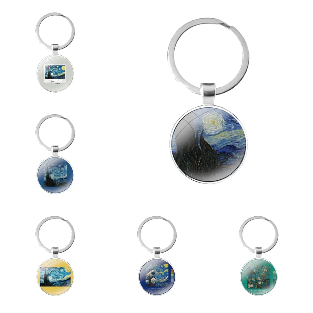 Аэстетический брелок Van Gogh с стеклянной кабошоном для ключей сумки для автомобиля кольцо держатель оберегов брелоки подарки.