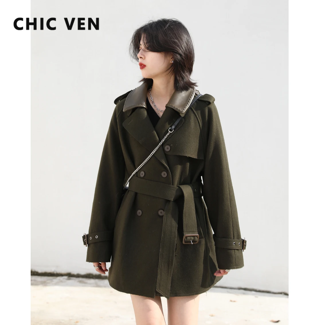 

CHIC VEN Women's Coats Belt Woolen Solid Jackets Warm Thick Overcoat Office Lady Windbreak Female Trendy Outwear Top Winter 2022