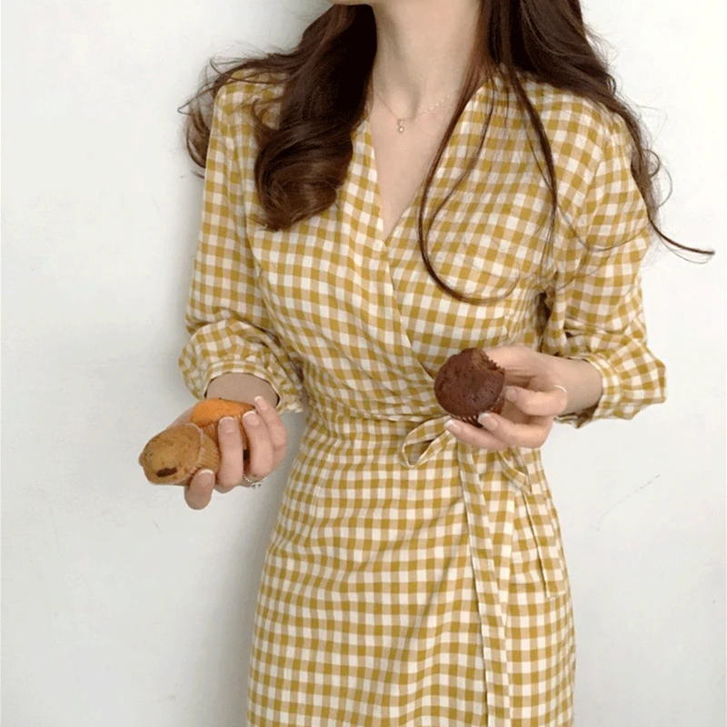 

Женское платье с завышенной талией, клетчатое повседневное цельное платье с запахом и бантом, с V-образным вырезом, рукавом три четверти, вес...