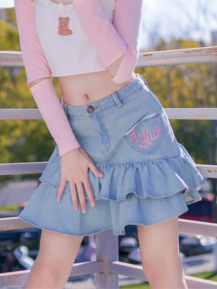 

Harajuku Y2k Ruffles Sweet Lolita Style Mini Denim Skirts Hearts Letter Embroidery Irreegular JK Kawaii Women Pleated Skirts 90s