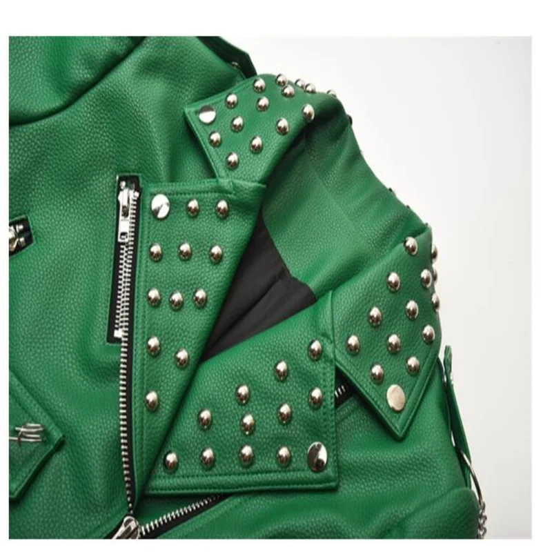 Motorcycle leather jacket women's pu coats winter heavy industry rivets fashion punk short clothes slim куртка весенняя green enlarge