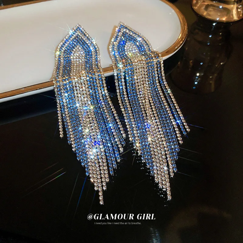 

Luxury Full Rhinestone Long Tassel Earrings Women's Simple Silver Color Earrings Party Jewelry Beautiful Gifts
