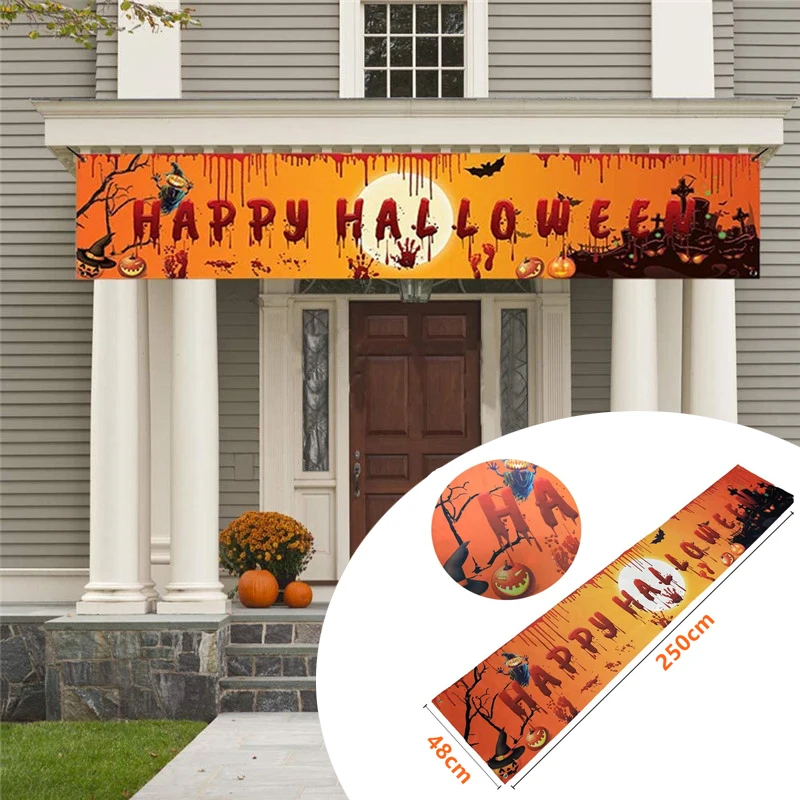 

Happy Halloween Banner 250cm Long Hanging Banner with Scary Pumpkin Bloody Hand Footprint Bats for Yard Halloween Party Decor