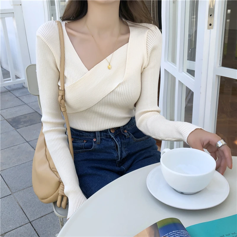 Fashion 2022 New Spring Autumn Women Sweater Knitted Long Sleeve Slim Office Lady Sexy V-Neck Casual Sweaters Tops | Женская одежда